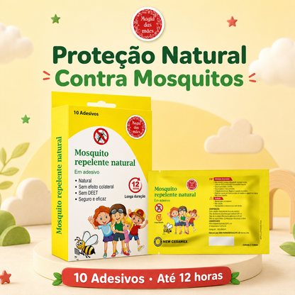 Repelente natural de mosquitos Magia das Mães com caixa de 10 adesivos e saqueta individual.