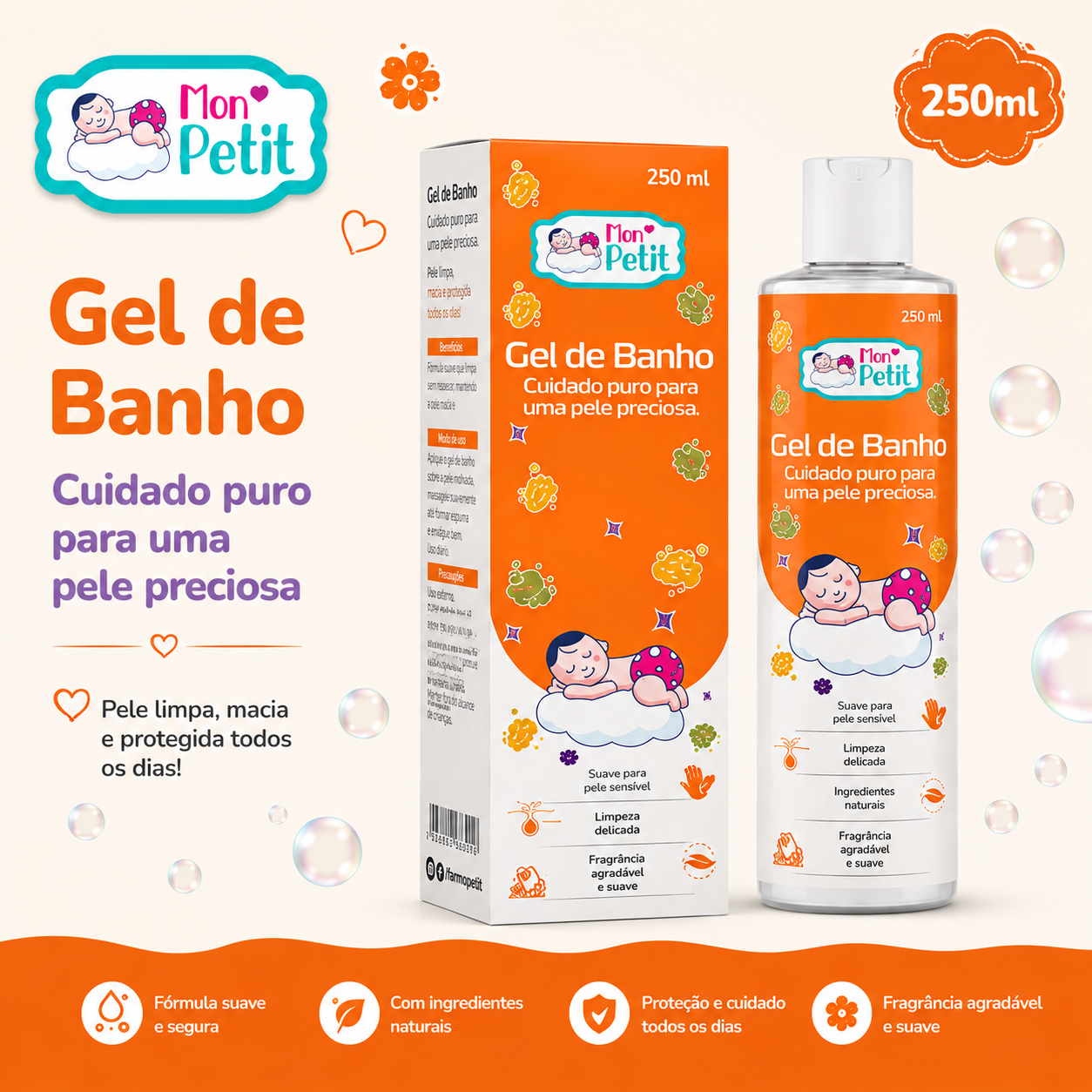 Embalagem e frasco do gel de banho infantil Mon Petit de 250ml ao lado de bolhas de sabão, com o slogan cuidado puro para uma pele preciosa.