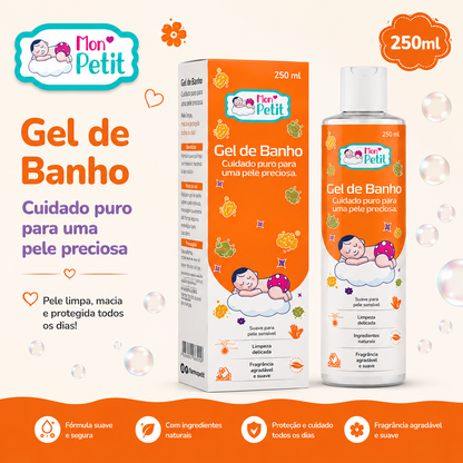 Embalagem e frasco do gel de banho infantil Mon Petit de 250ml ao lado de bolhas de sabão, com o slogan cuidado puro para uma pele preciosa.