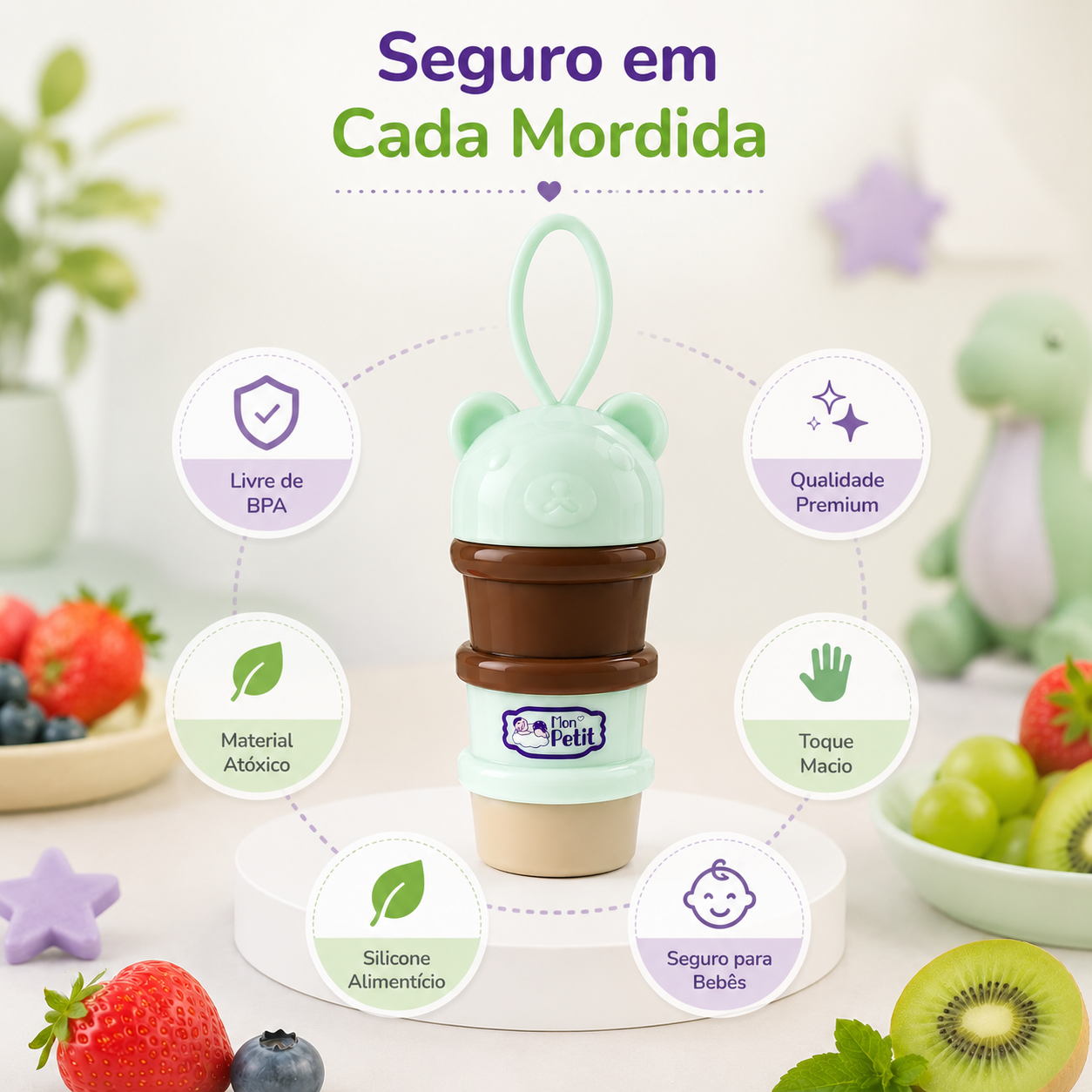 Infografia com benefícios de segurança de alimentador de frutas de silicone para bebé.