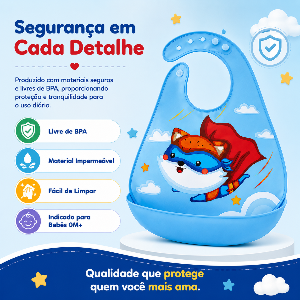 Infografia sobre os materiais seguros e livres de BPA usados no fabrico de babadores para uso diário.