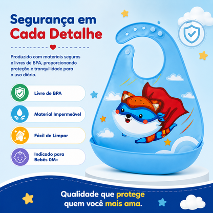 Infografia sobre os materiais seguros e livres de BPA usados no fabrico de babadores para uso diário.