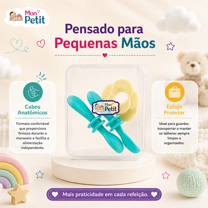 Painel promocional com o título Pensado para Pequenas Mãos, demonstrando o formato confortável dos talheres e a higiene do estojo protetor.