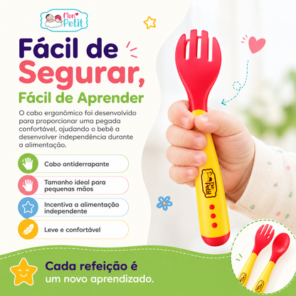 Painel descritivo mostrando a mão de uma criança a segurar o garfo do kit Mon Petit, destacando os benefícios de cabo antiderrapante leve, confortável e ideal para pequenas mãos.