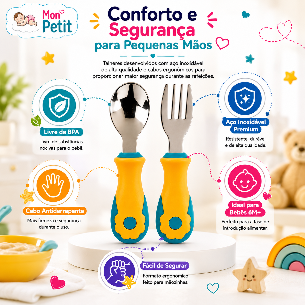 presentação descritiva do garfo e colher infantis assentes num suporte circular, salientando o formato fácil de segurar pelas mãozinhas do bebé e a facilidade na fase de introdução alimentar.
