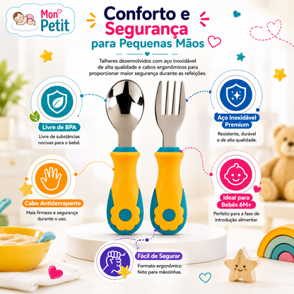 presentação descritiva do garfo e colher infantis assentes num suporte circular, salientando o formato fácil de segurar pelas mãozinhas do bebé e a facilidade na fase de introdução alimentar.