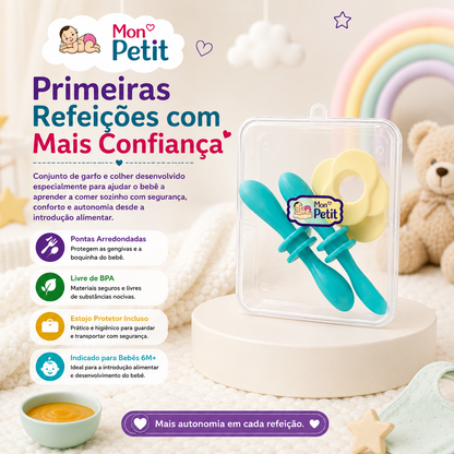 Infografia do conjunto de talheres Mon Petit para as primeiras refeições do bebé, destacando as pontas arredondadas, material livre de BPA e estojo incluído.