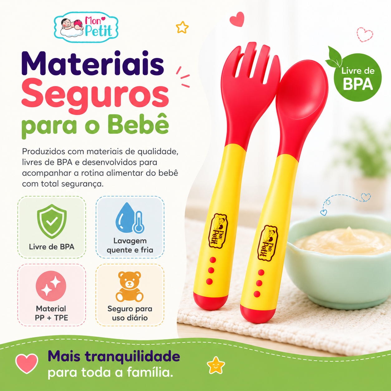 Painel informativo sobre a segurança dos talheres de plástico PP e TPE Mon Petit, listando vantagens como a compatibilidade com lavagem quente e fria e o uso diário seguro.