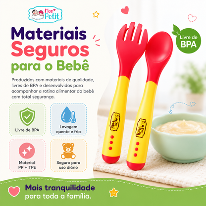 Painel informativo sobre a segurança dos talheres de plástico PP e TPE Mon Petit, listando vantagens como a compatibilidade com lavagem quente e fria e o uso diário seguro.