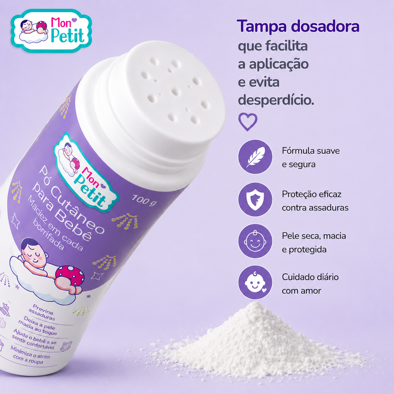 Grande plano da tampa dosadora perfurada do frasco Mon Petit com o pó espalhado, destacando a aplicação fácil que evita o desperdício.