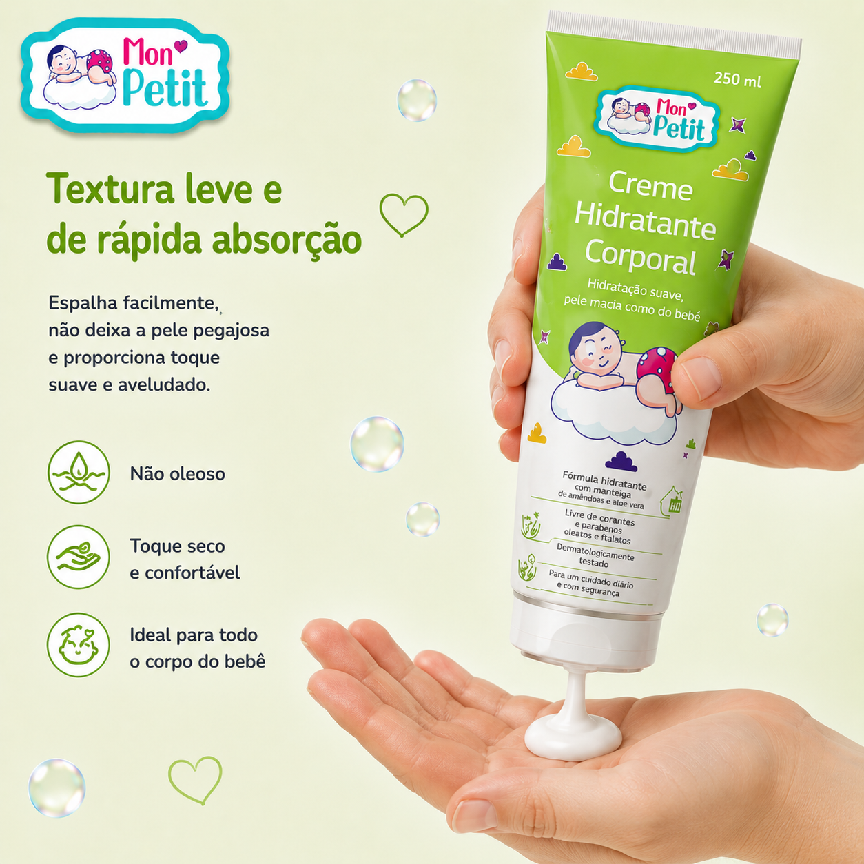 Mão a colocar uma porção do creme Mon Petit a partir do tubo, demonstrando a textura leve, não oleosa, de toque seco e rápida absorção.