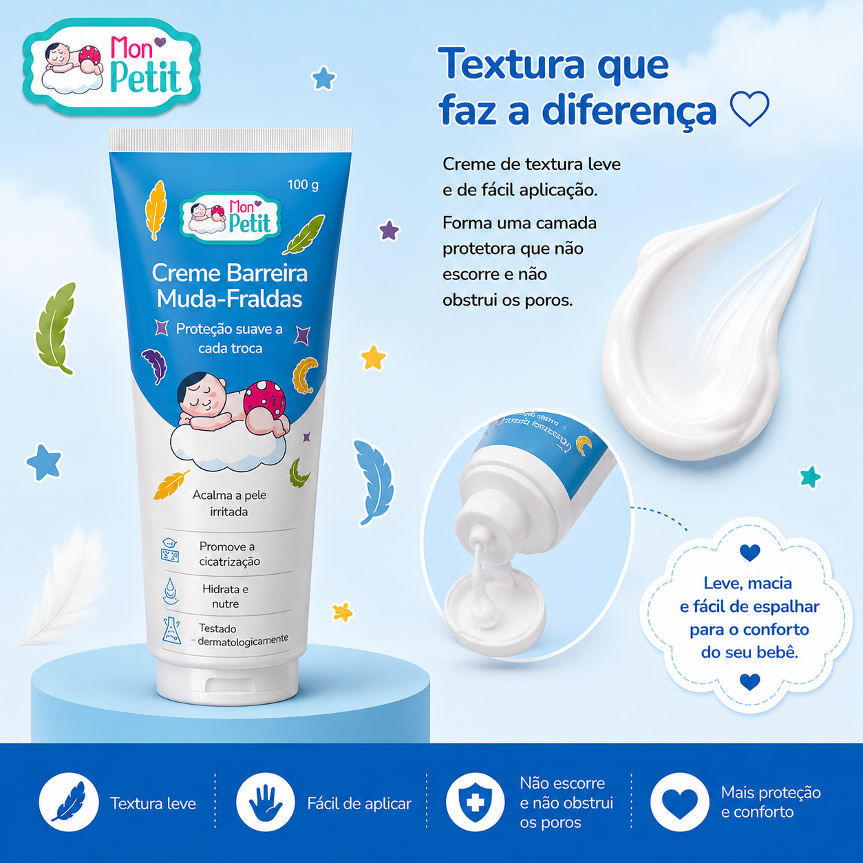 Demonstração em grande plano da textura leve do creme Mon Petit a sair do tubo, realçando que é fácil de espalhar e não obstrui os poros.