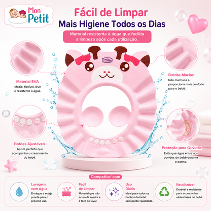 Diagrama do protetor de banho para bebé rodeado por água, detalhando a estrutura em material EVA macio, as bordas confortáveis e os botões ajustáveis.