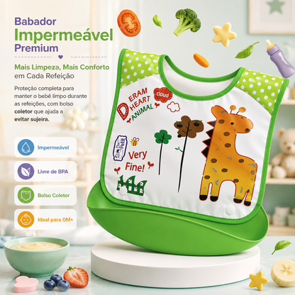 Infografia com os principais atributos de um babador impermeável, destacando a segurança alimentar e a proteção.