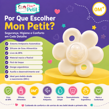 Painel promocional da marca Mon Petit com a chupeta sobre um suporte amarelo, exibindo uma lista de diferenciais e os ícones de segurança e higiene desde o nascimento.