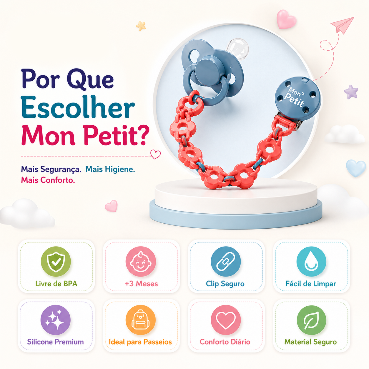 Imagem promocional detalhando por que escolher Mon Petit, exibindo ícones de conforto diário, material seguro, ideal para passeios e máxima higiene.