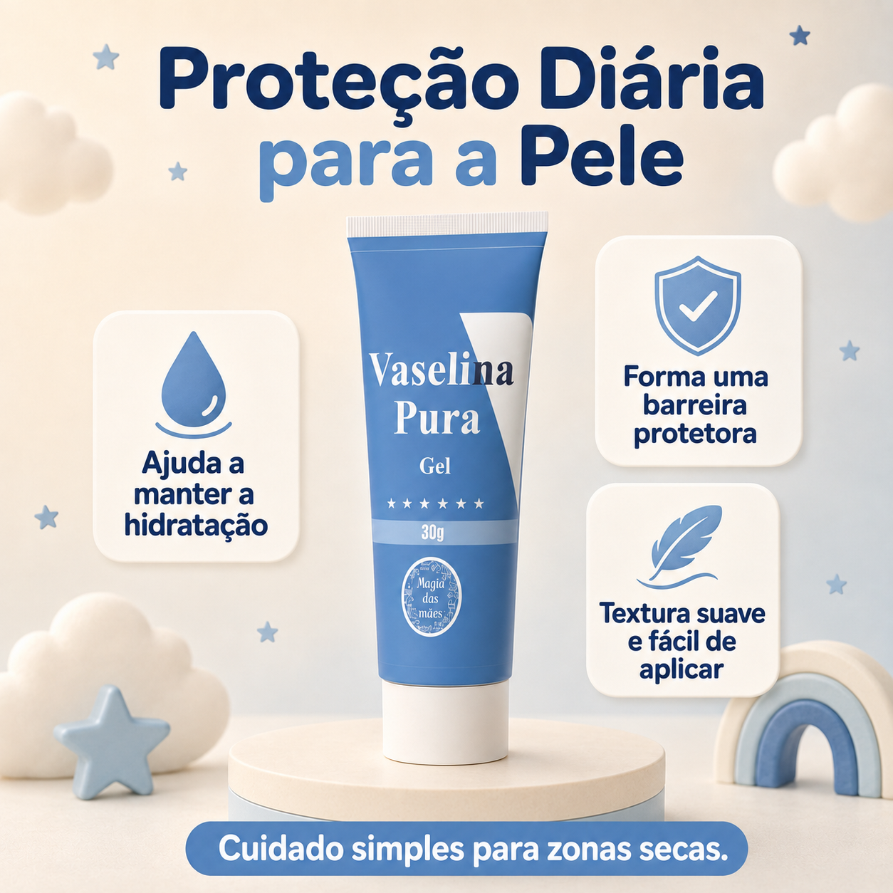 Vaselina Pura Gel 30 g com informações sobre hidratação, barreira protetora e aplicação suave.