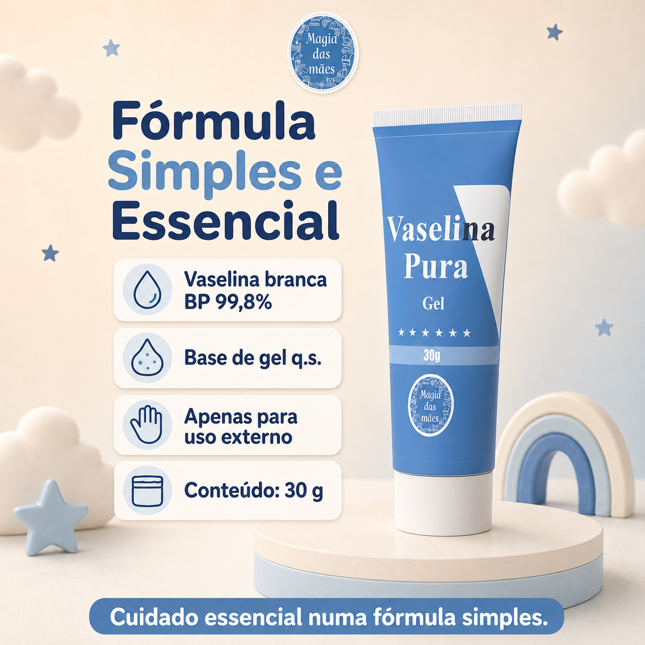 Composição da Vaselina Pura Gel 30 g com vaselina branca BP 99,8% e indicação para uso externo.