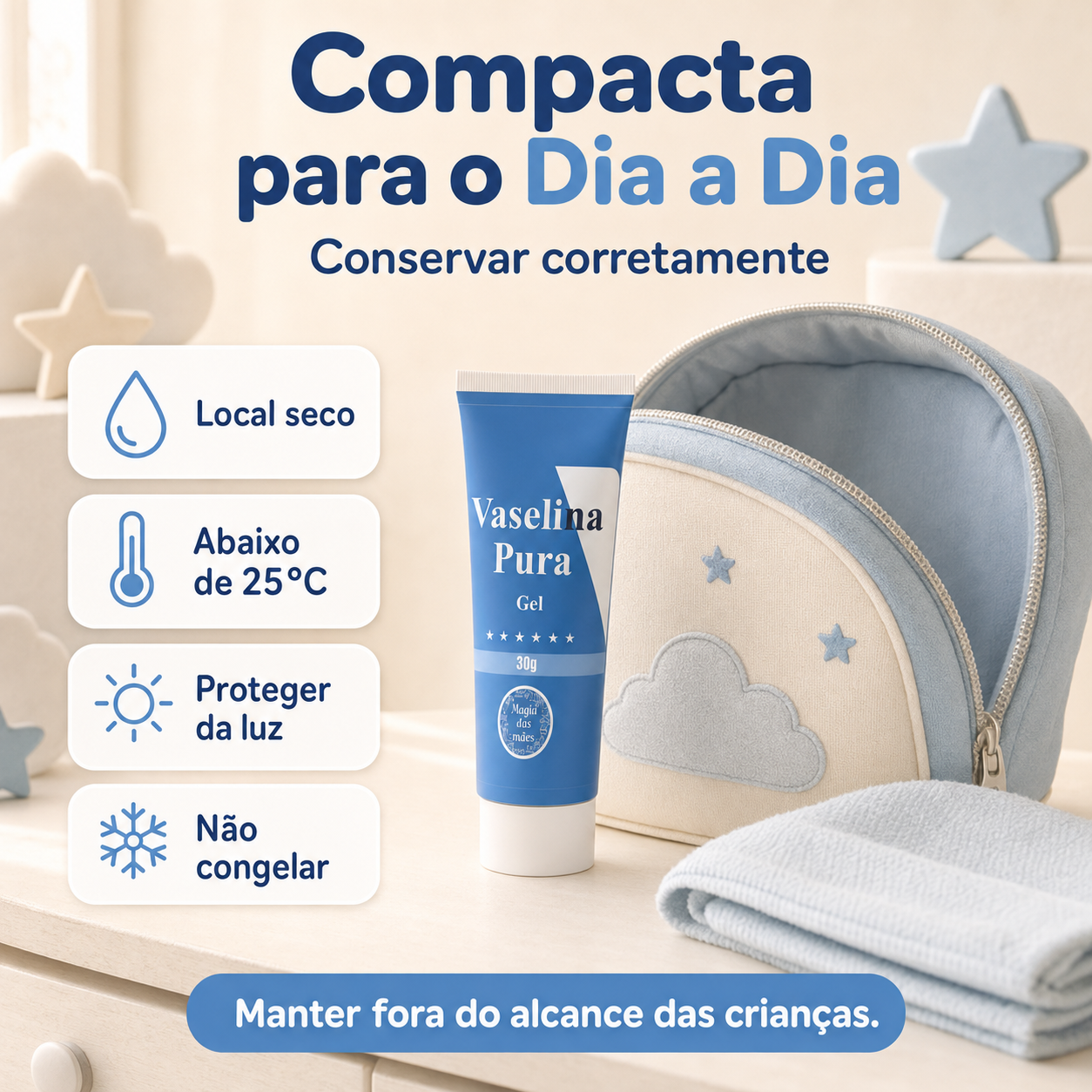 Vaselina Pura Gel 30 g junto a uma bolsa com instruções de conservação e armazenamento.