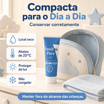 Vaselina Pura Gel 30 g junto a uma bolsa com instruções de conservação e armazenamento.