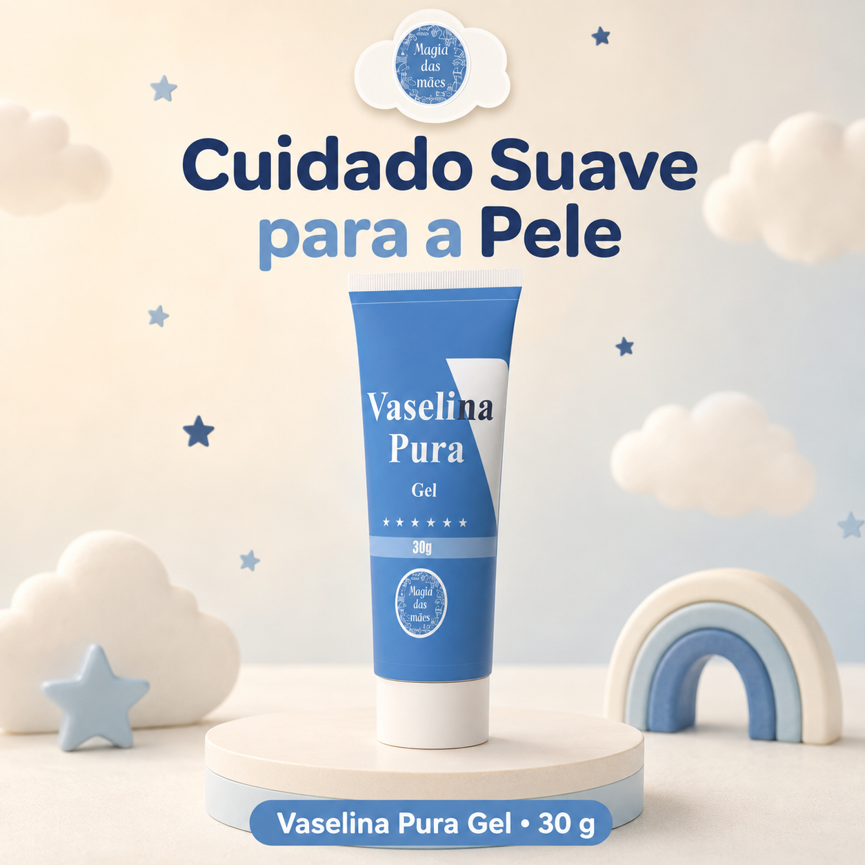 Vaselina Pura Gel 30 g Magia das Mães apresentada sobre base em ambiente azul e creme.