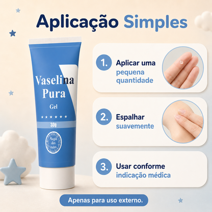 Instruções de aplicação da Vaselina Pura Gel 30 g para uso externo.